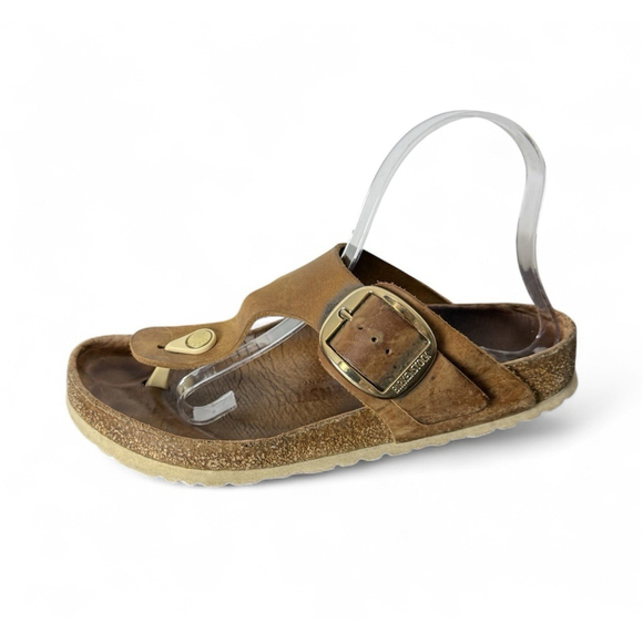 Birkenstock Gizeh Sandals Women’s 39/US 8-8.5 Tan Patent Birko Flor Thong Sandal - Picture 1 of 12